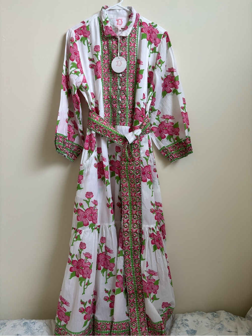 Victoria Dunn White Maxi Dress with Pink Floral Print